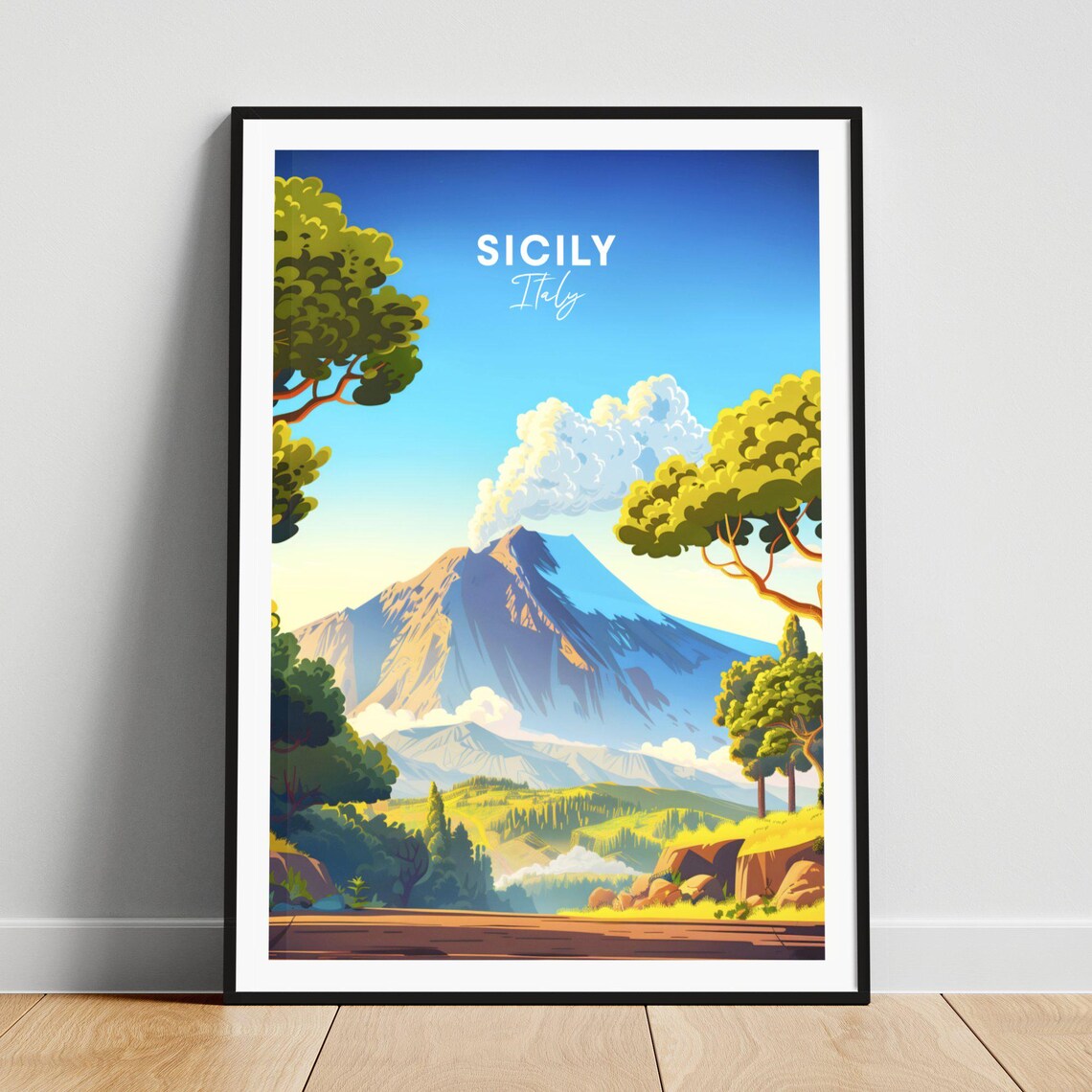 Sicily Italy Mount Etna Smoking Peak Pine Forest Valley Travel Poster