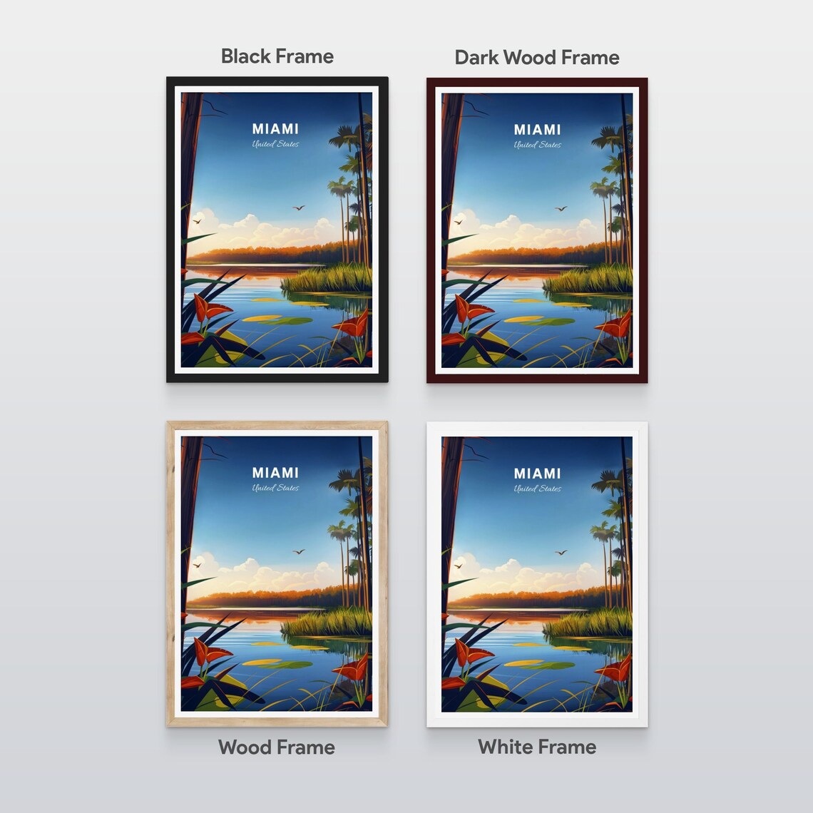Miami Florida Wetland Lake Palms Birds Sunset Nature Travel Poster - Image 2