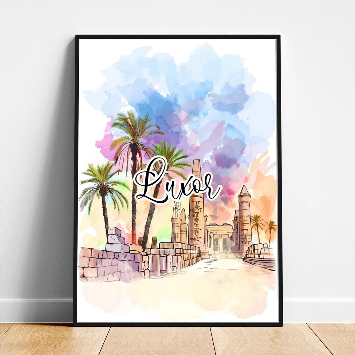 Luxor Ancient Temple And Palms Watercolor Script Travel Poster