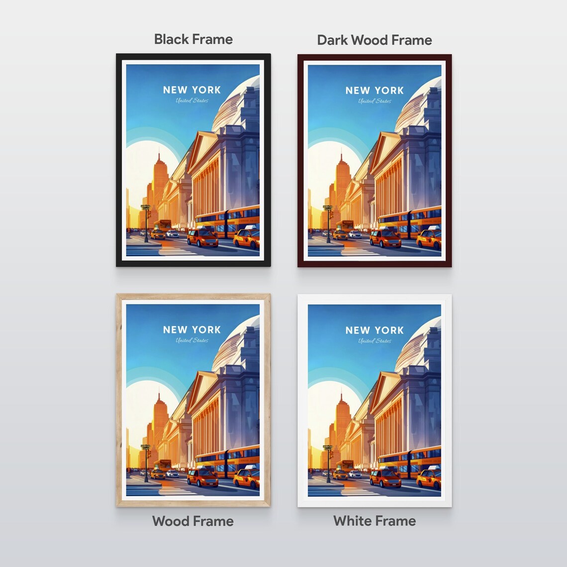 New York Street Yellow Cabs Column Building Sunrise Vintage Travel Poster - Image 2