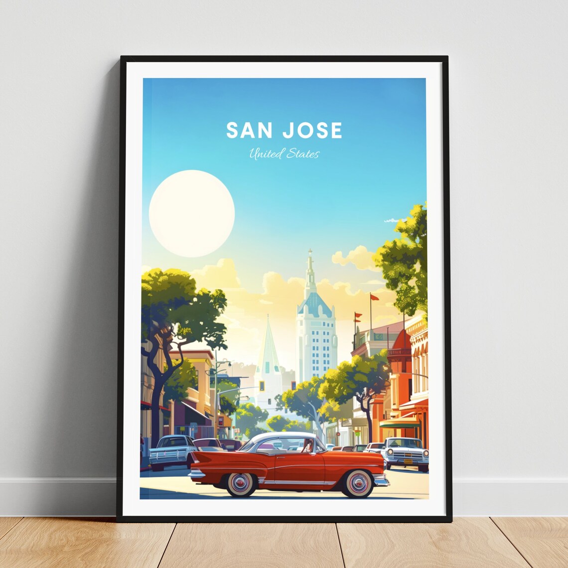 San Jose Historic Street Red Classic Car Tower Vintage Travel Poster
