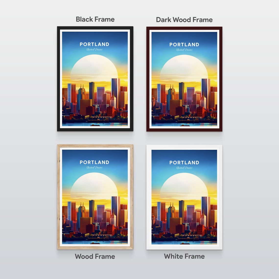 Portland Oregon Skyline Retro Sunrise Cityscape Travel Poster - Image 2