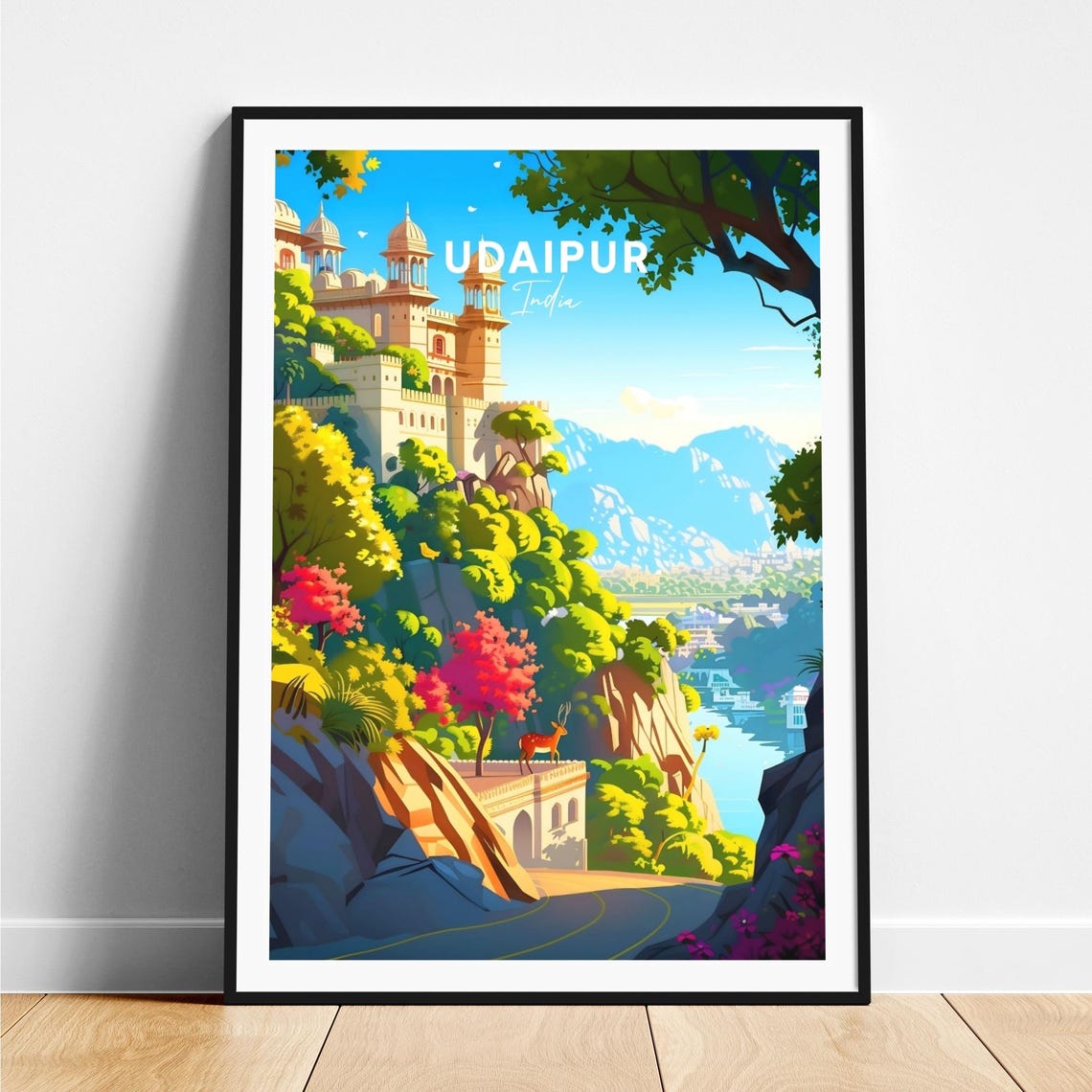 Udaipur India Hilltop Palace Above the Lake with Deer Poster