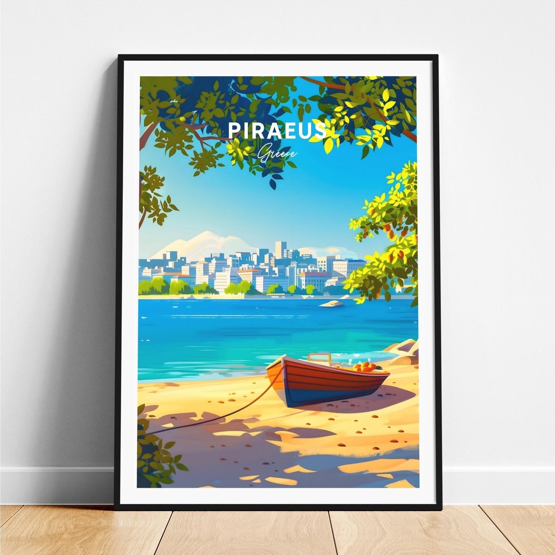 Piraeus Greece Beached Red Boat Skyline Coastal View Travel Poster