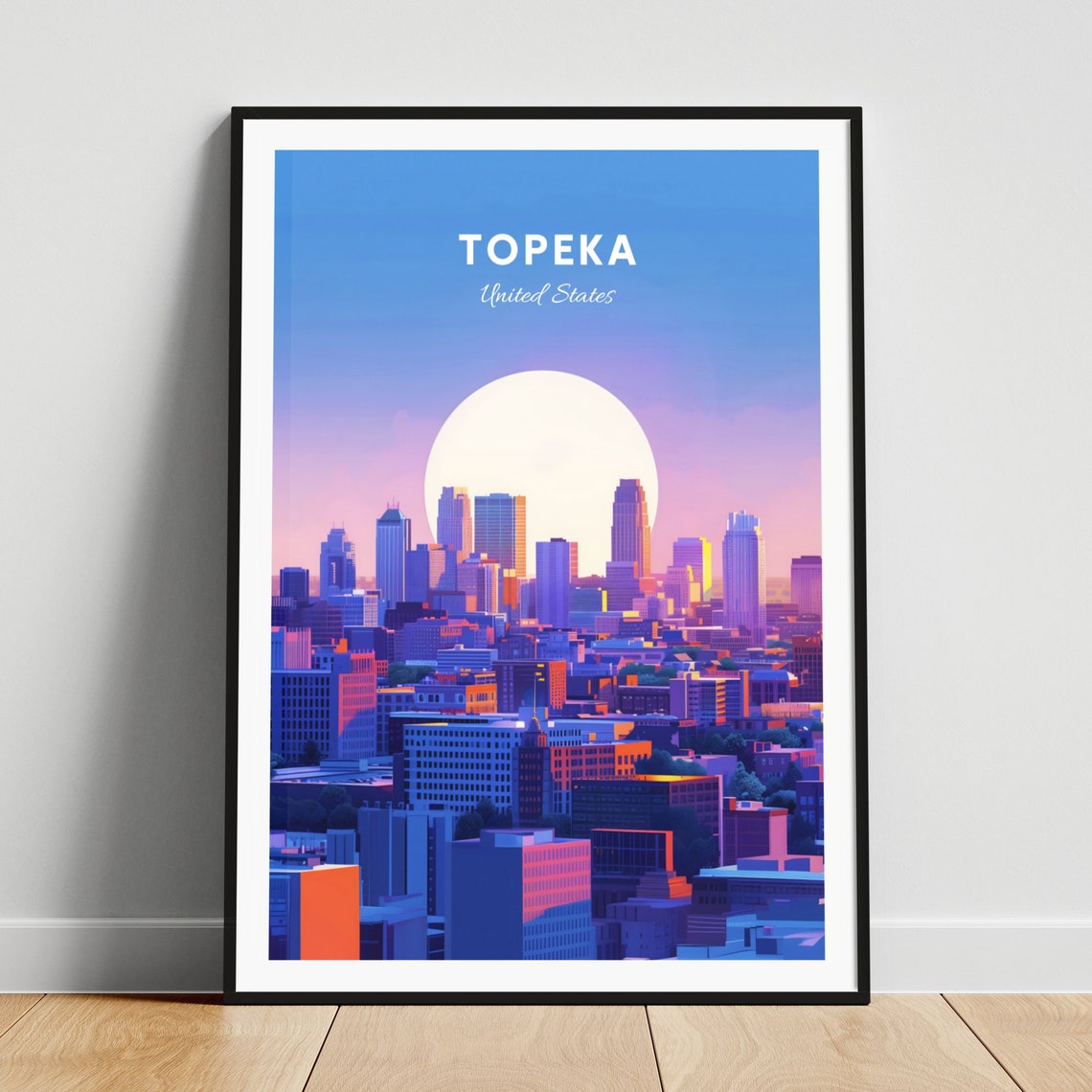 Topeka Kansas Sunset Skyline Giant Moon Vintage Travel Poster