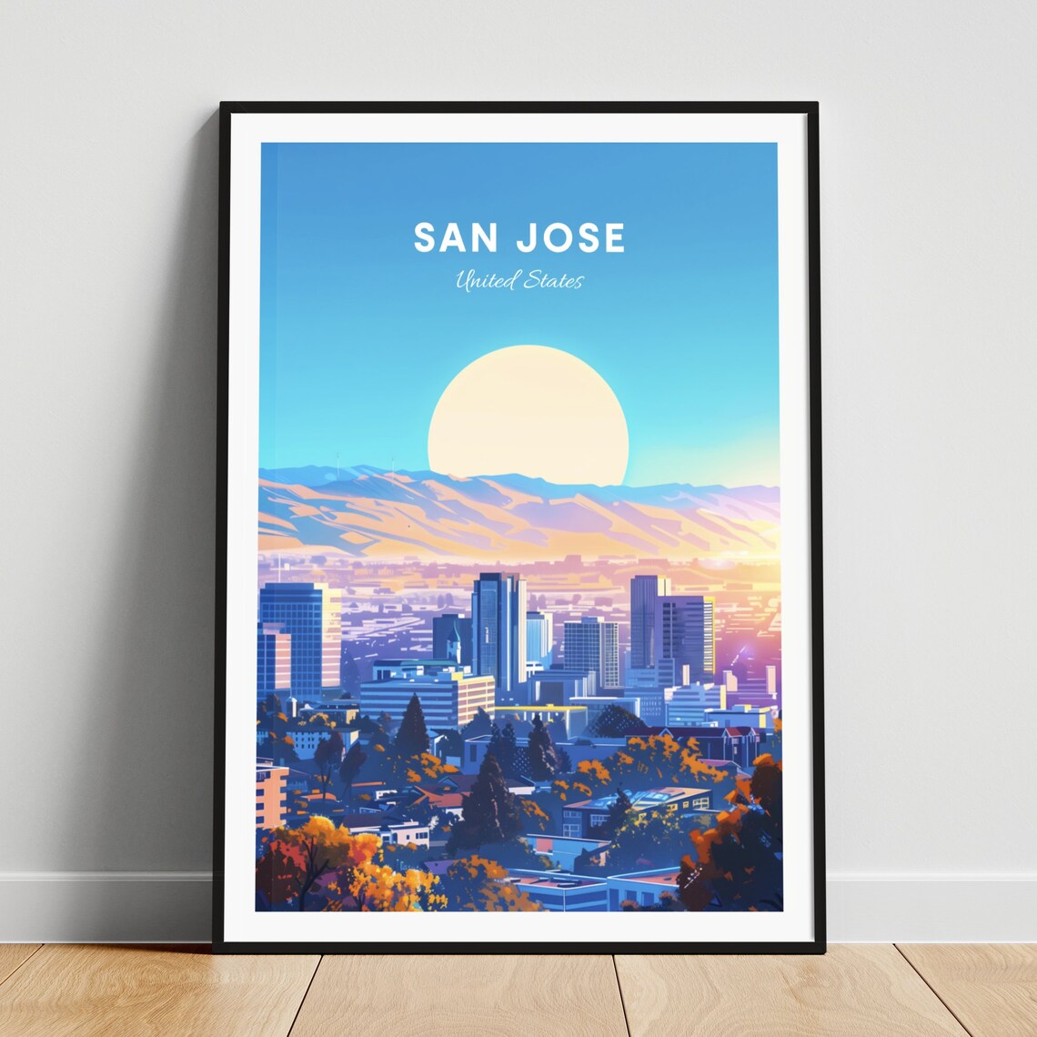 San Jose Morning Skyline Hills Giant Sun Warm Light Travel Poster