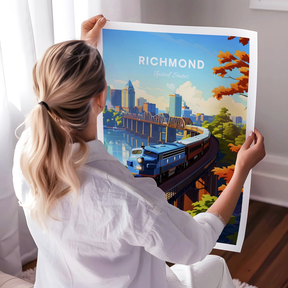 Richmond Blue Train Crossing a Bridge on a Bright Day Poster - Image 3