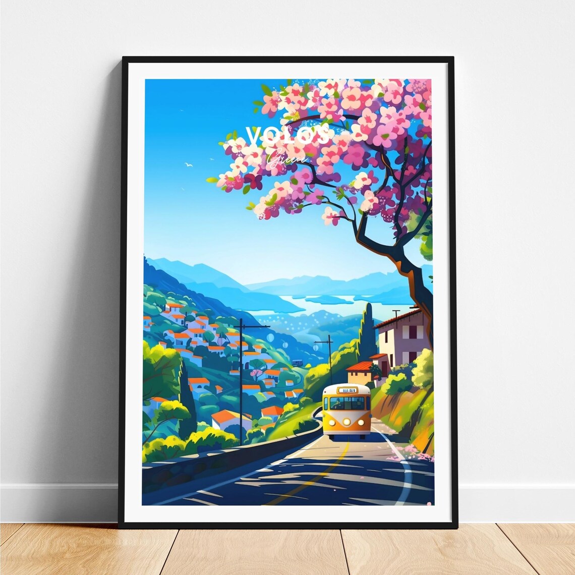 Volos Greece Yellow Bus Mountain Road Blossom Travel Art Poster