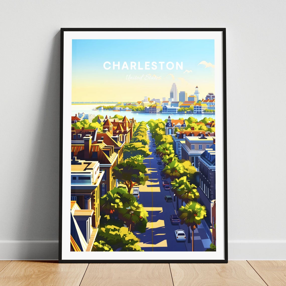 Charleston Palm Lined Waterfront Street Historic Harbor Travel Poster