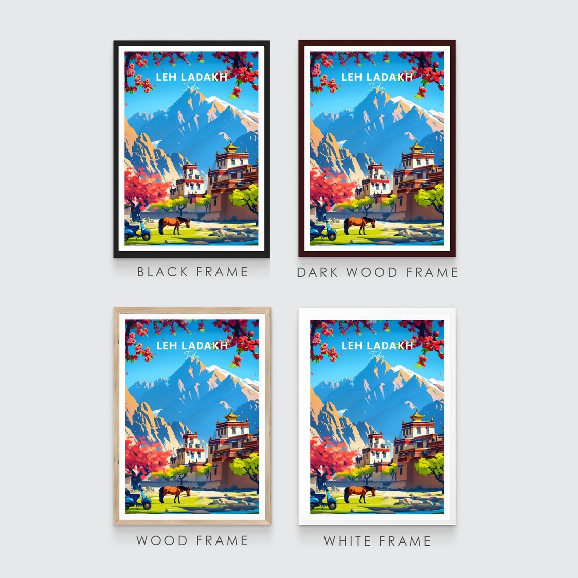 Leh Ladakh India Monastery Mountains Horse Blossom Trees Travel Poster - Image 3