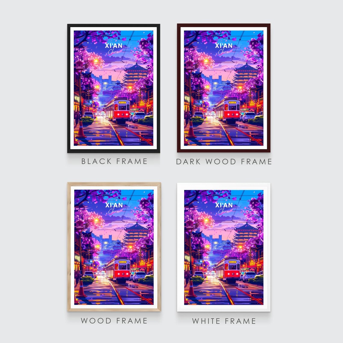 Xian China Neon Night Tram Street Blossom City Lights Glow Poster - Image 3