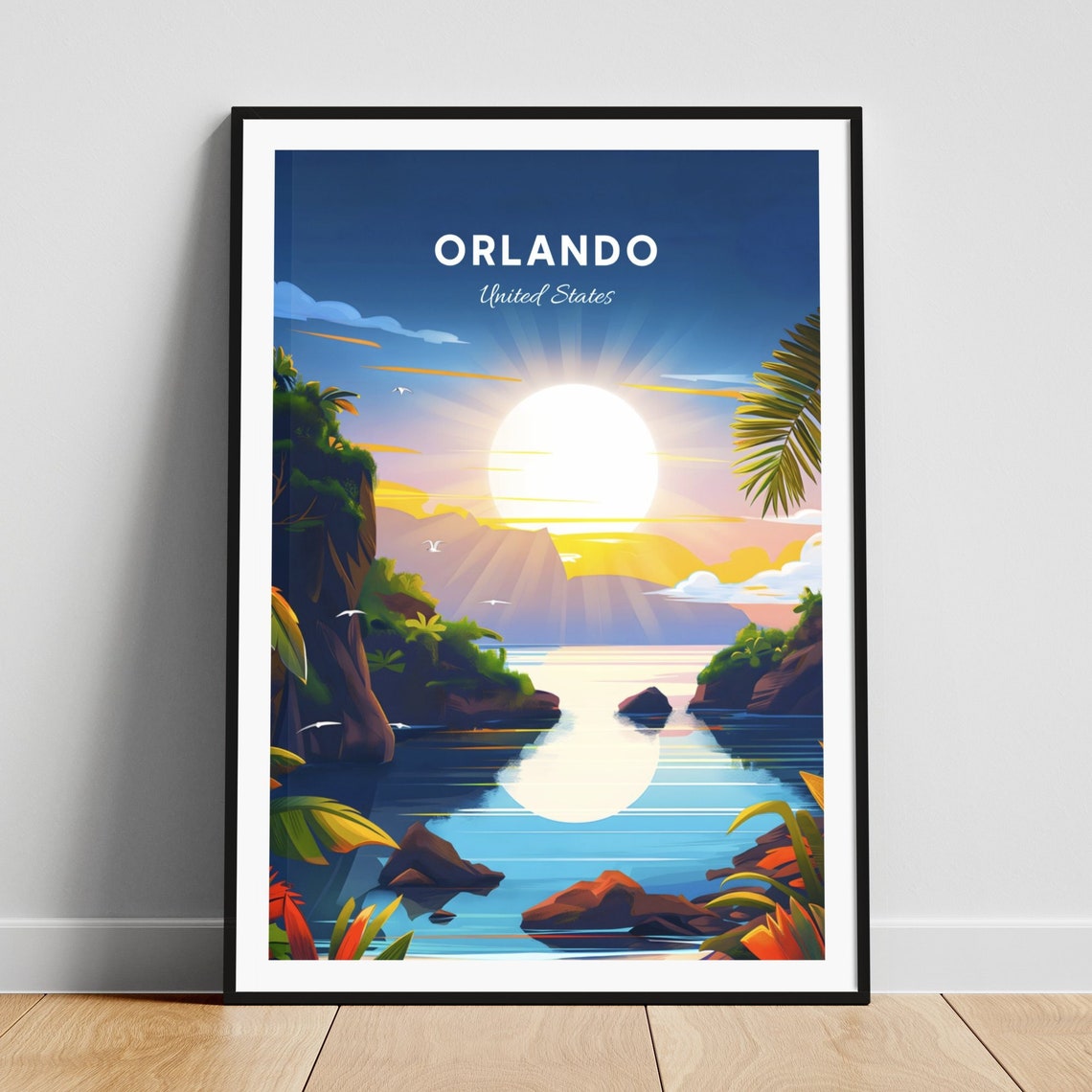 Orlando Tropical Lake Sunset Cliffs Big Sun Vintage Travel Poster