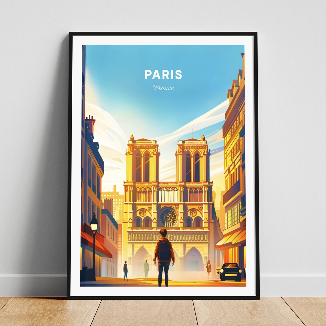 Paris France Notre Dame Cathedral Sunset Street Scene Travel Poster