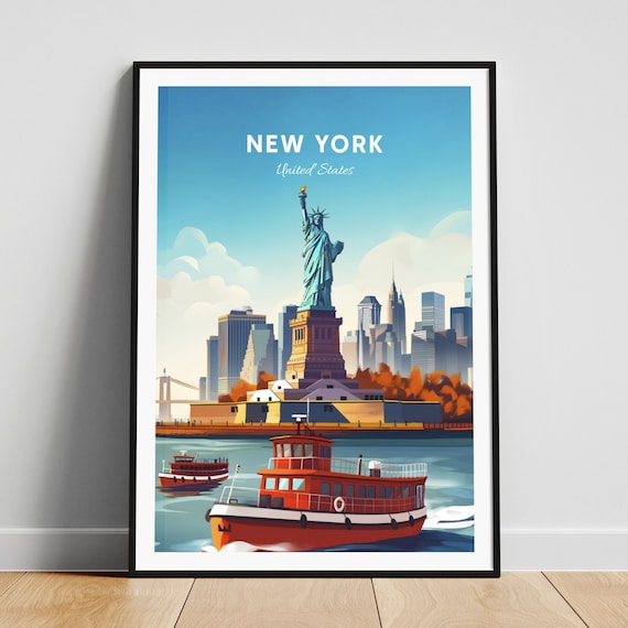 New York Statue of Liberty Harbor Ferries Skyline View Poster