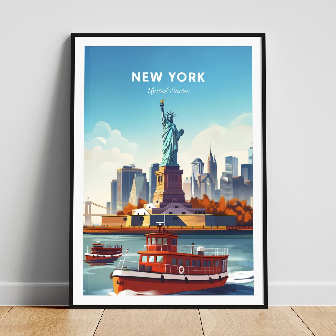 New York Statue of Liberty Harbor Ferries Skyline View Poster