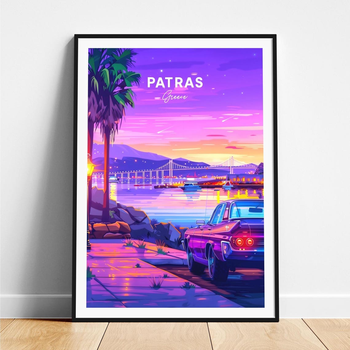 Patras Greece Sunset Bridge Classic Car Purple Sky Travel Poster