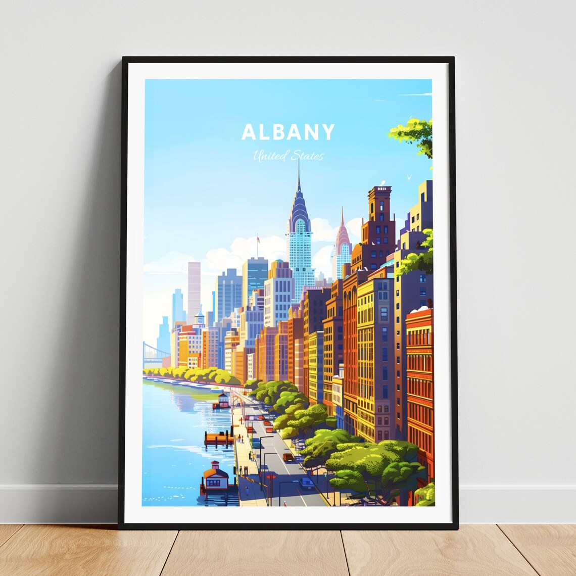Albany New York Riverside City Skyline Morning Light Travel Poster