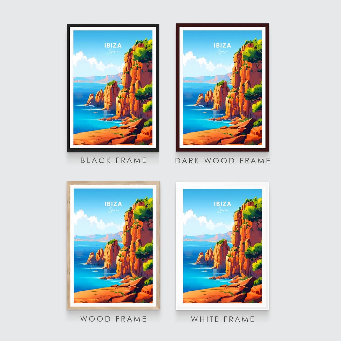 Ibiza Red Rock Cliffs Bright Blue Ocean Waves Seascape Travel Poster - Image 3