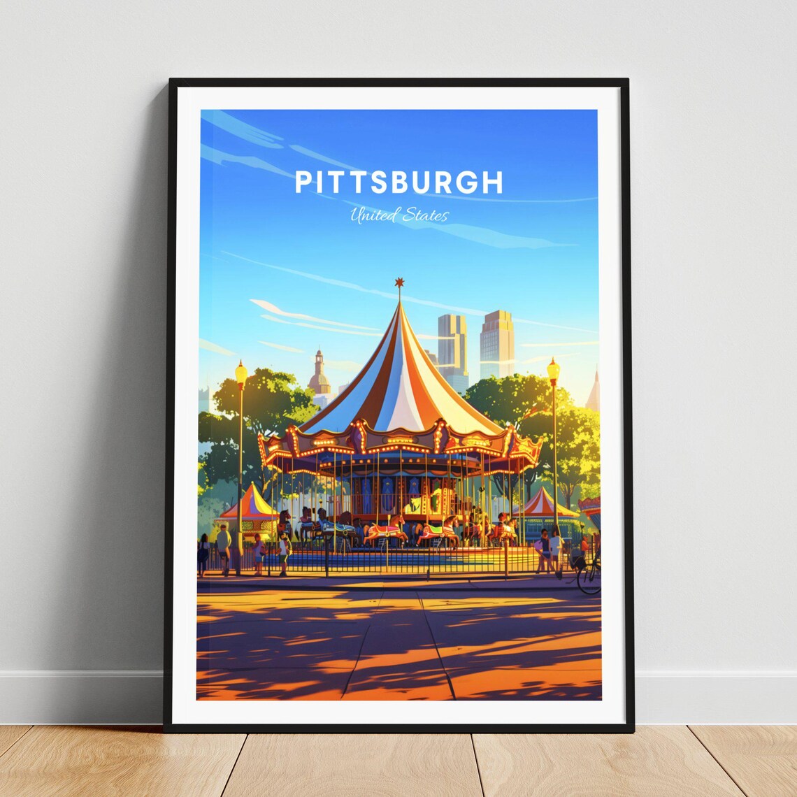 Pittsburgh Carousel Park Golden Sunset City Skyline Travel Poster