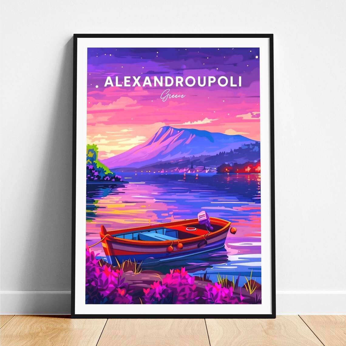 Alexandroupoli Greece Night Harbor Boat Moonlit Water Travel Poster