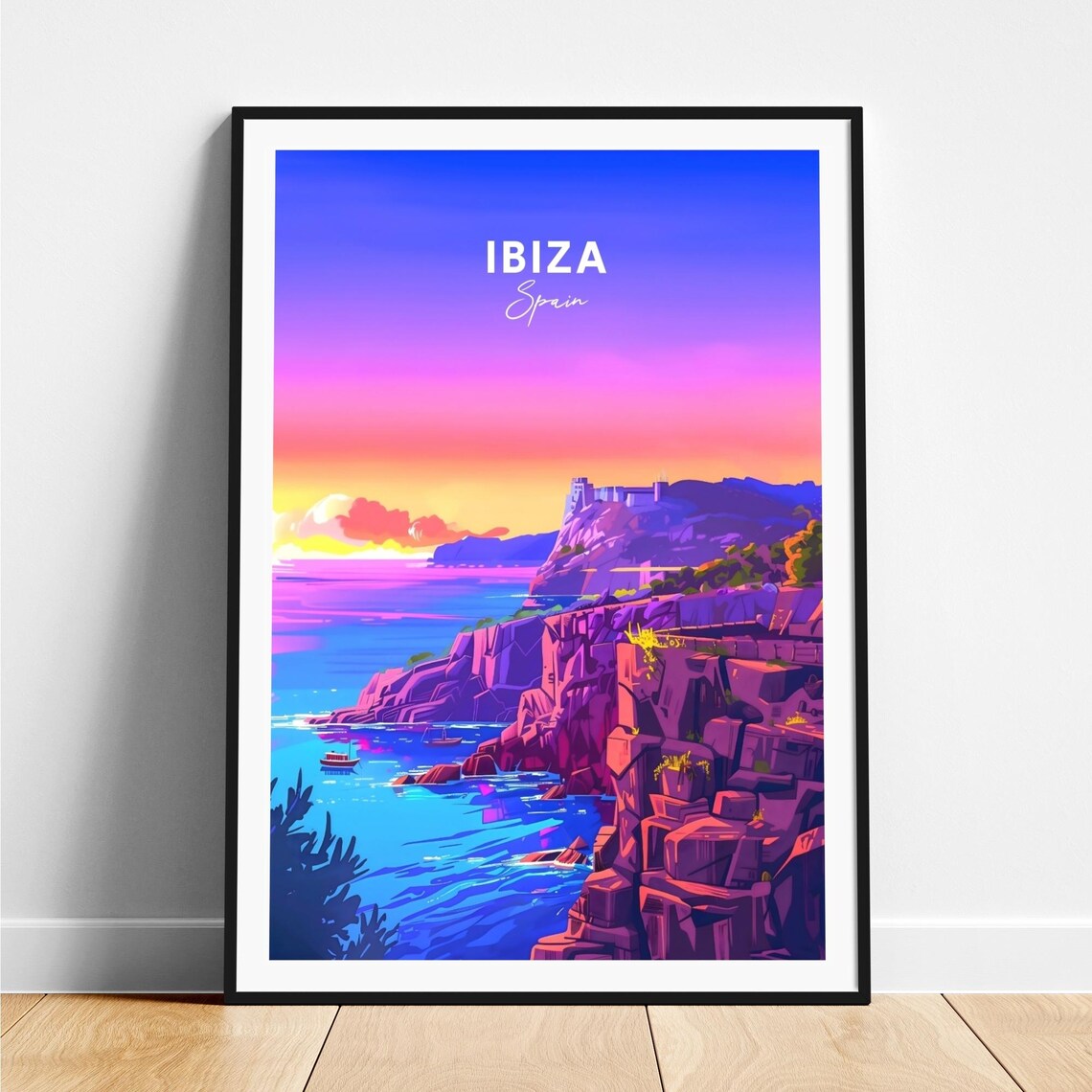 Ibiza Sunset Rocky Cliffs Hilltop Castle Fishing Boats Travel Poster