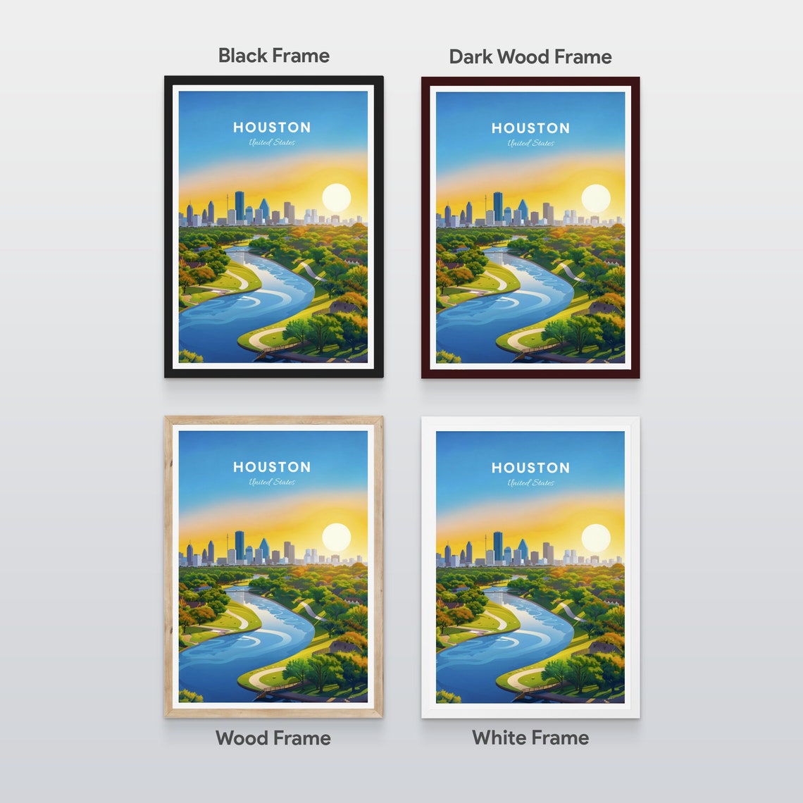Houston Texas Skyline and Winding River Through Green Park Poster - Image 2