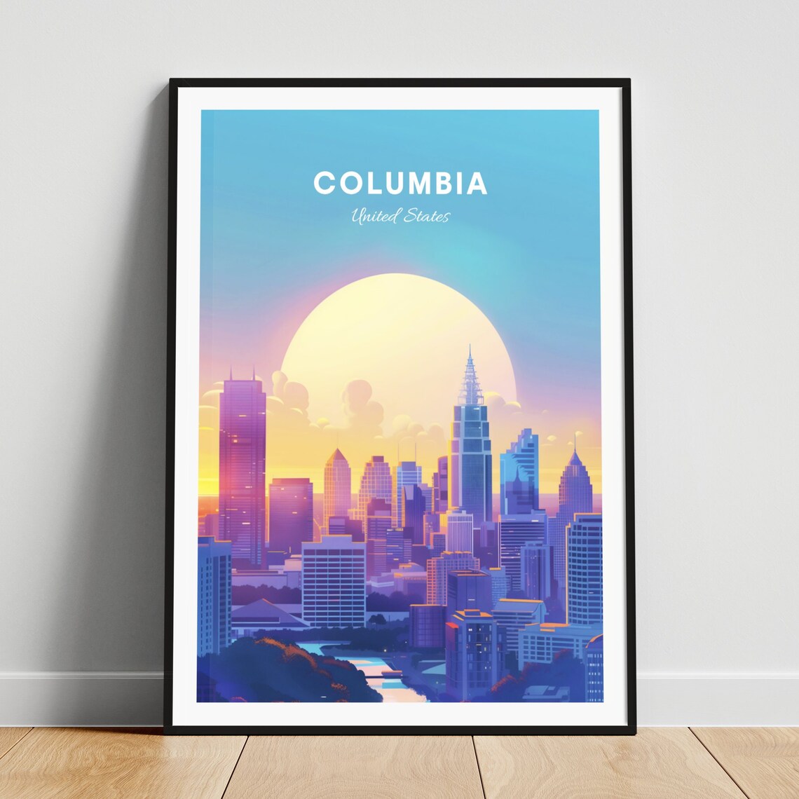 Columbia Skyline Moon River Pastel Sunset City View Travel Poster