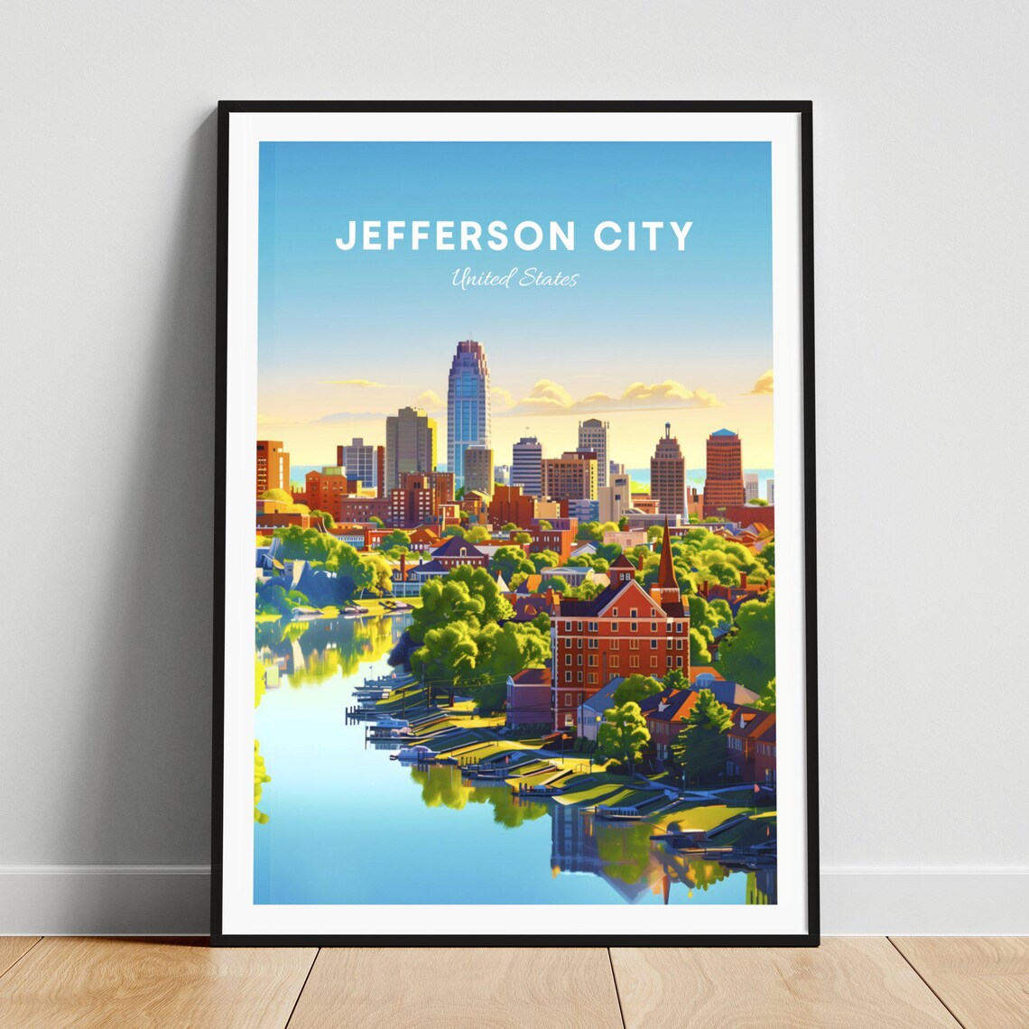 Jefferson City Missouri Riverside Skyline Sunrise Scene Poster