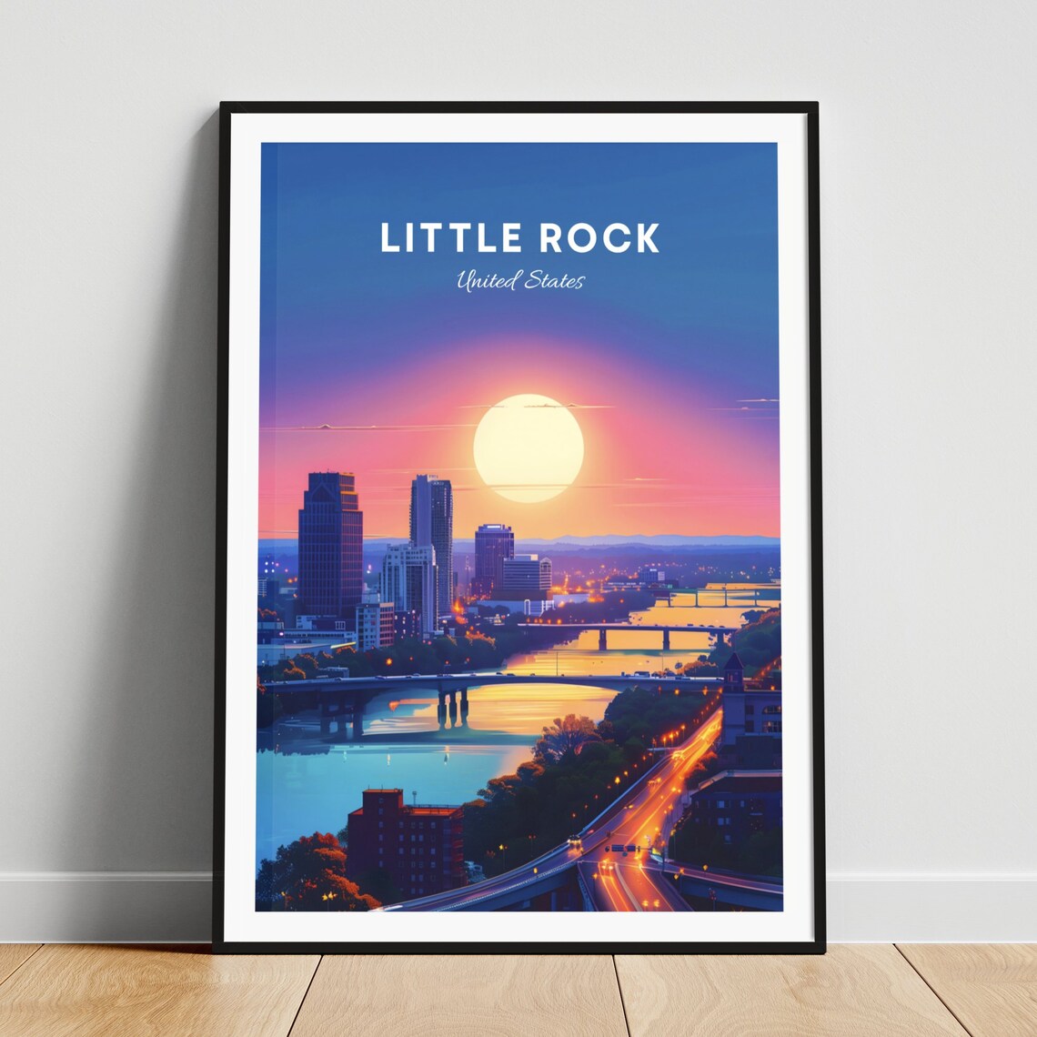 Little Rock Sunset Skyline Over the River with a City Glow Poster