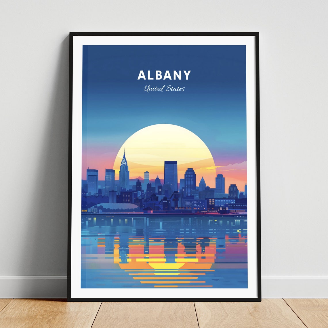 Albany New York Sunset Skyline Over Water Vintage Travel Poster