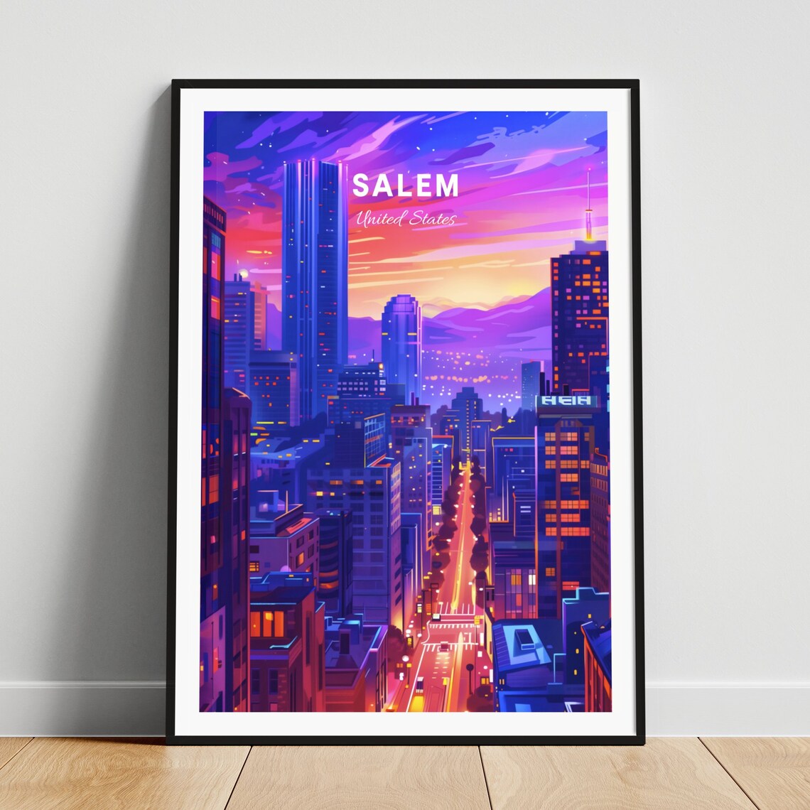 Salem United States Neon Night City with a Glowing Tower Poster