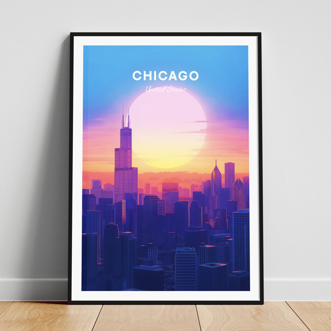 Chicago Illinois Willis Tower Sunset Skyline Skyscraper Travel Poster