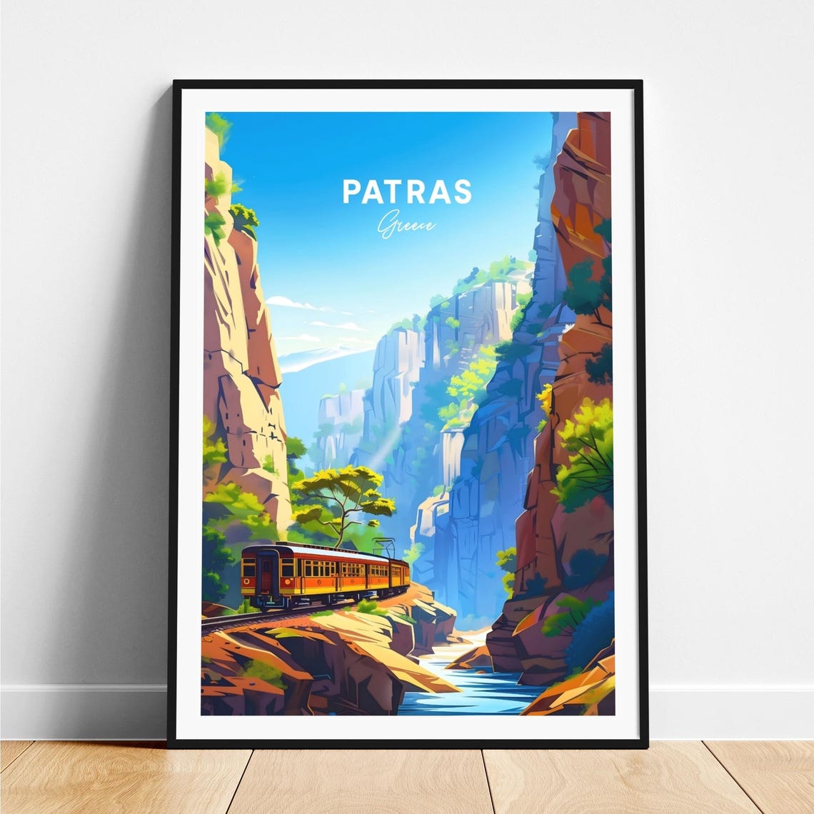 Patras Greece Train Rolling Through Red Rock Canyon with Stream Poster