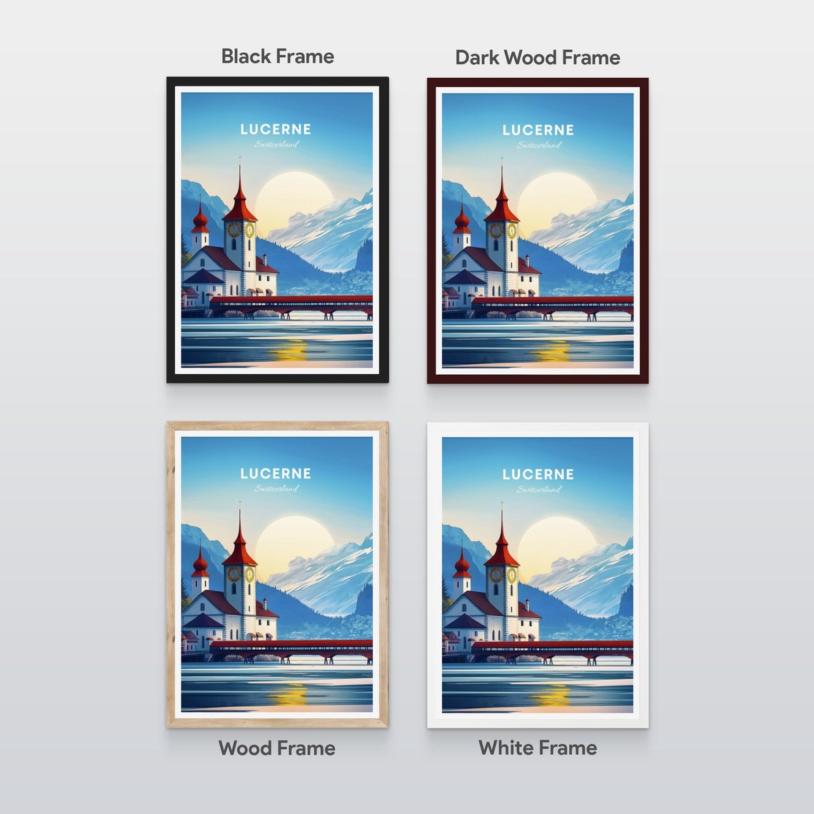 Lucerne Switzerland Chapel Bridge Lakeside Morning Sunrise Poster - Image 2