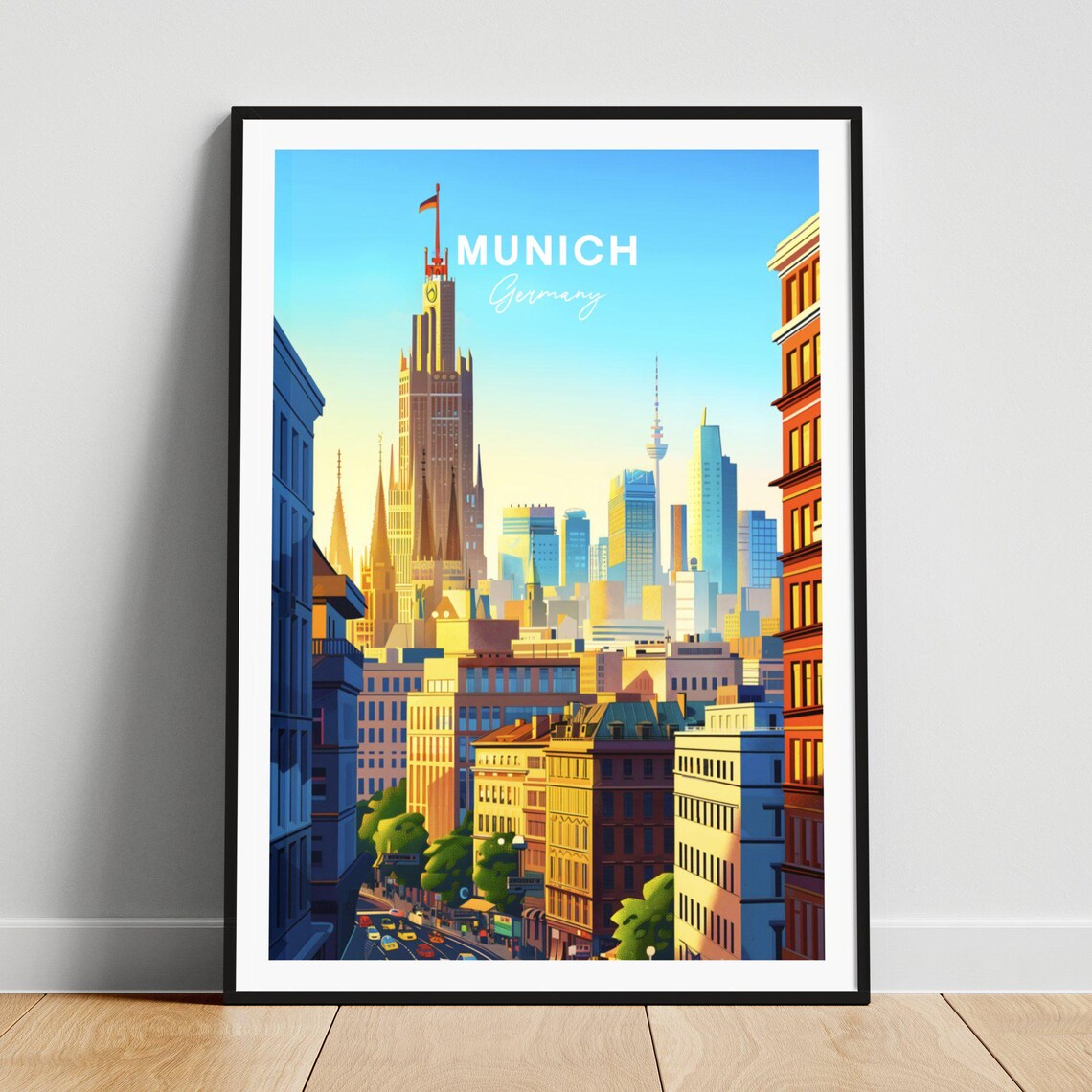 Munich Germany City Skyline Flag Tower Church Spires Travel Poster
