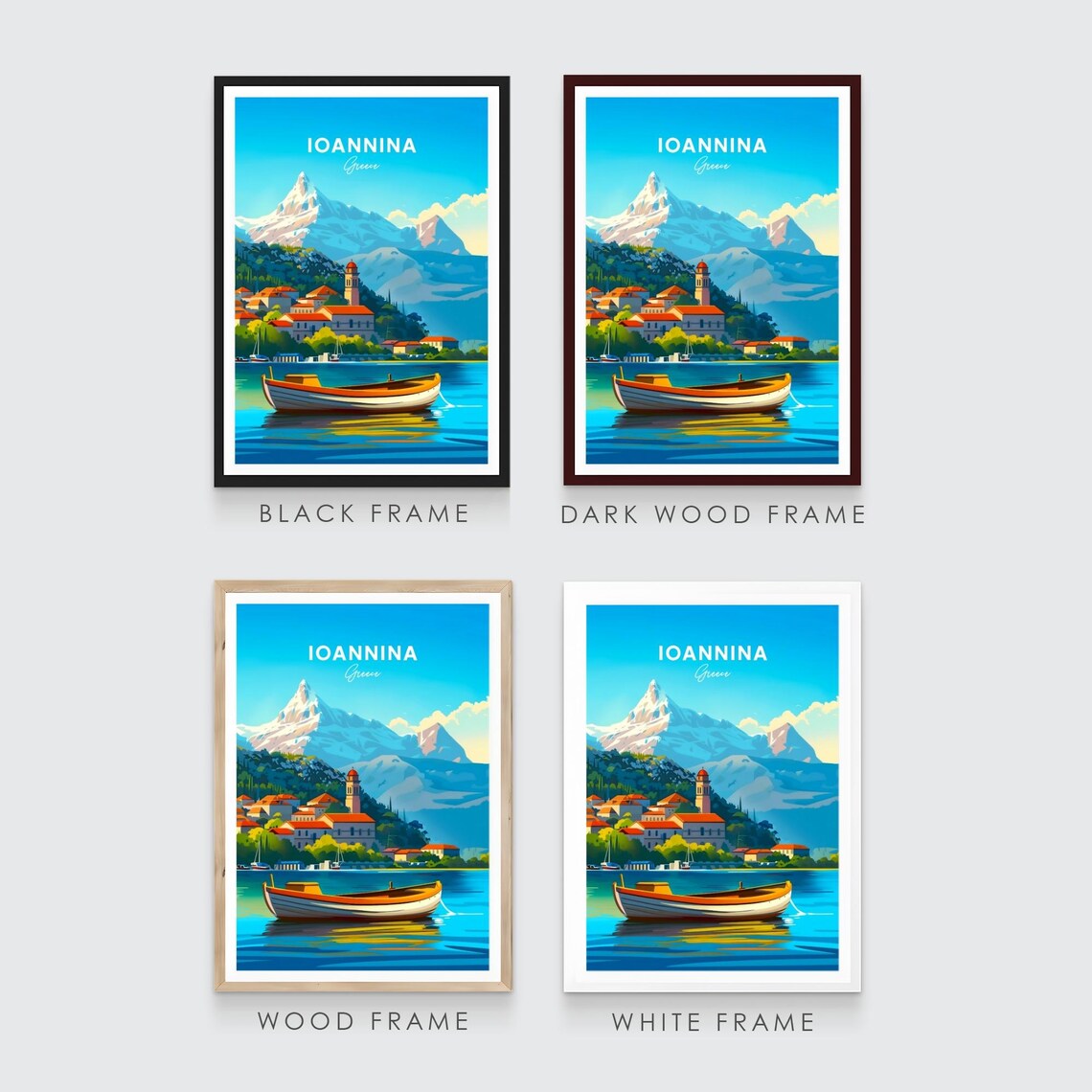 Ioannina Greece Snow Mountain Village Rowboat Travel Art Poster - Image 3
