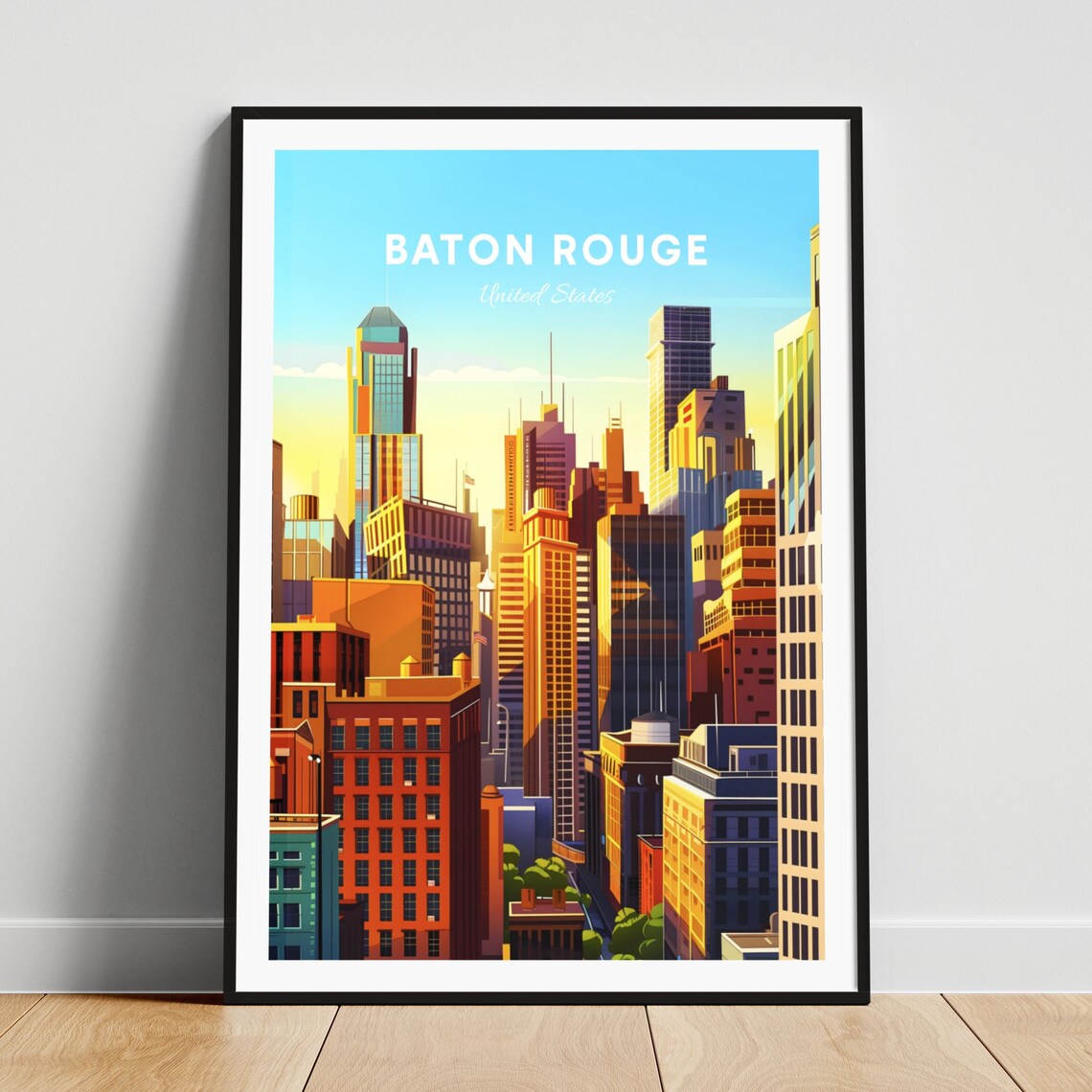 Baton Rouge Golden Hour Skyline Vintage Illustration Travel Poster