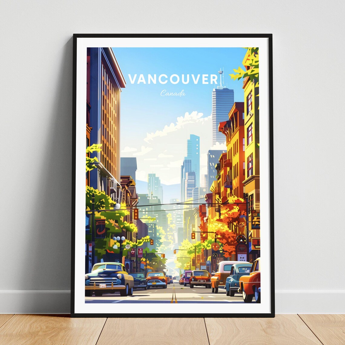 Vancouver Canada Retro Street with Classic Cars Travel Poster