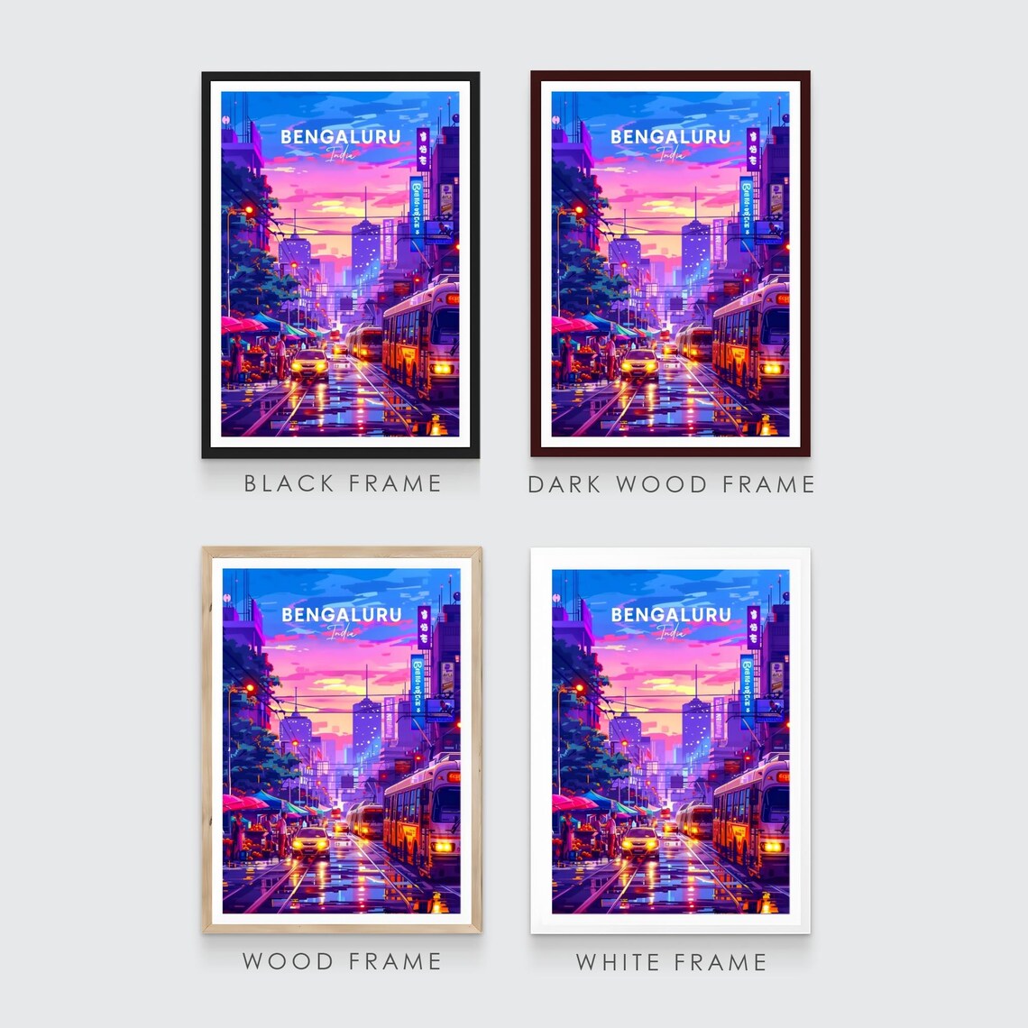 Bengaluru India Sunset Market Street Neon Buses Travel Poster - Image 3