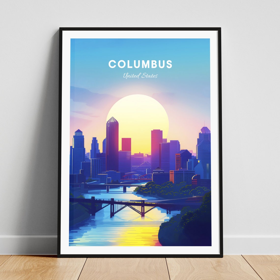 Columbus Skyline Sunset River Bridge Golden Hour Travel Poster
