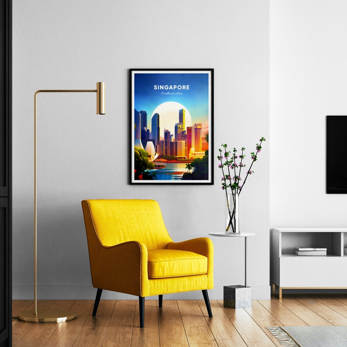 Singapore Marina Bay Skyline Sunset Lotus Museum Vintage Travel Poster - Image 3