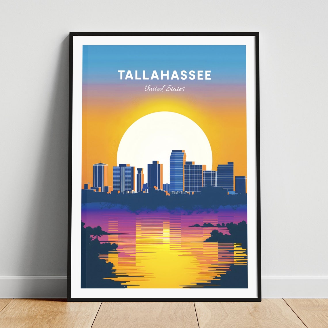 Tallahassee Florida Skyline Silhouette Over Water Sunset Poster