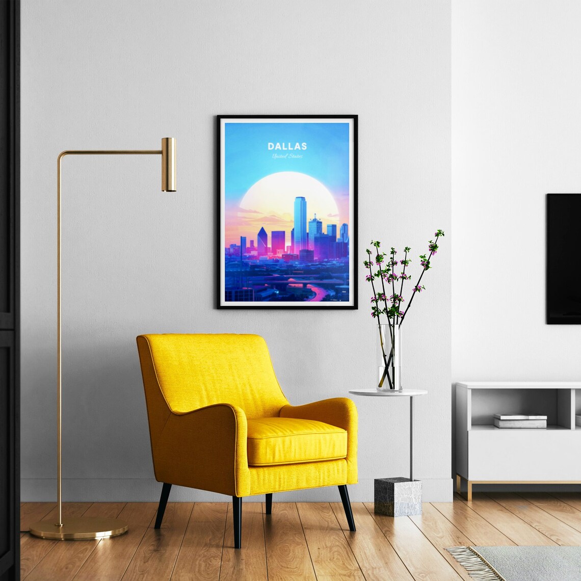 Dallas Skyline at Sunrise Behind a Giant Glowing Morning Sun Poster - Image 3