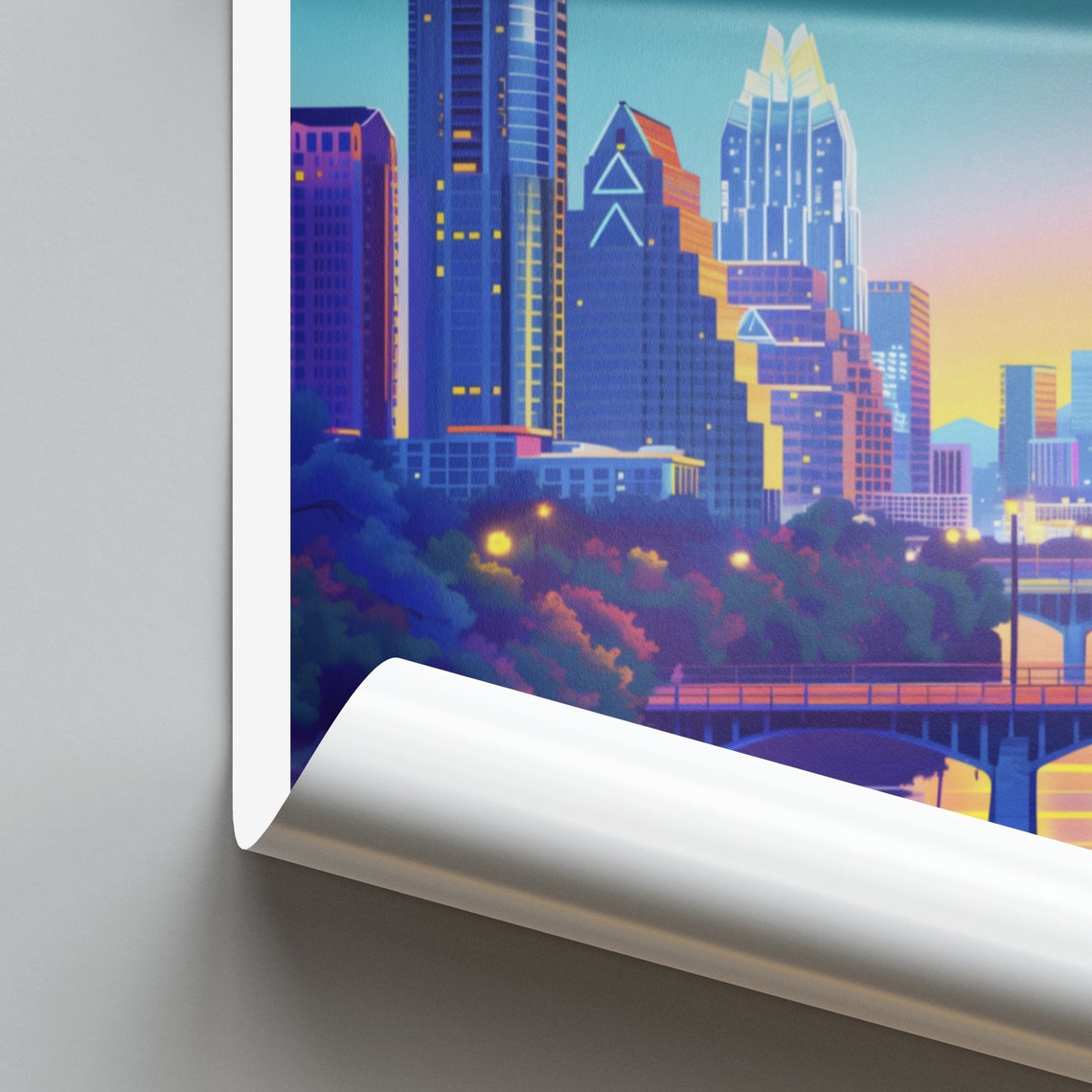 Austin Texas Downtown Skyline Sunset Bridge River Reflection Poster - Image 2