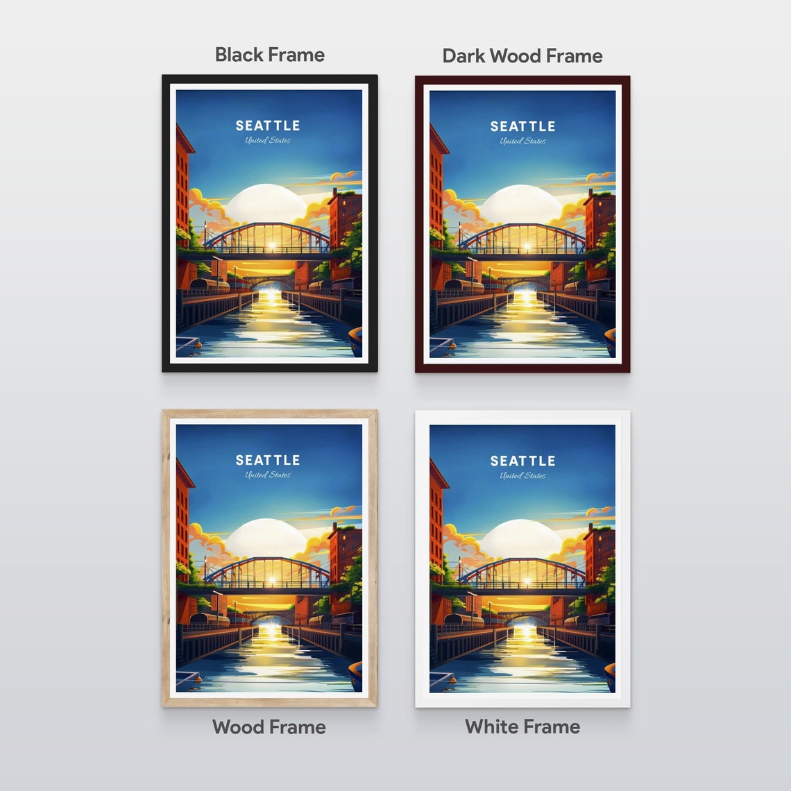 Seattle Sunset Canal Bridge Brick Waterfront Golden Hour Poster - Image 2