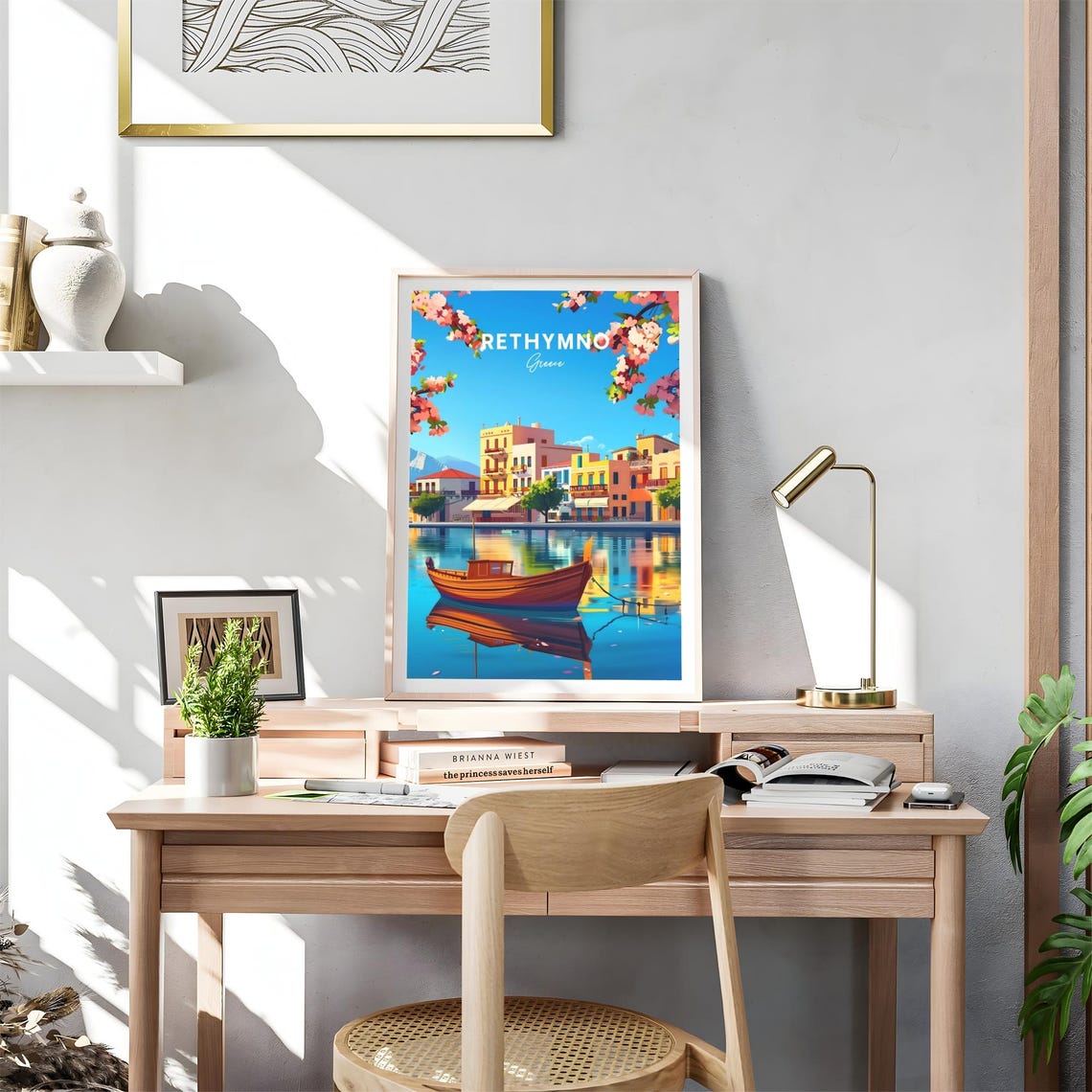 Rethymno Greece Wooden Boat Calm Harbor Reflection Travel Poster - Image 4