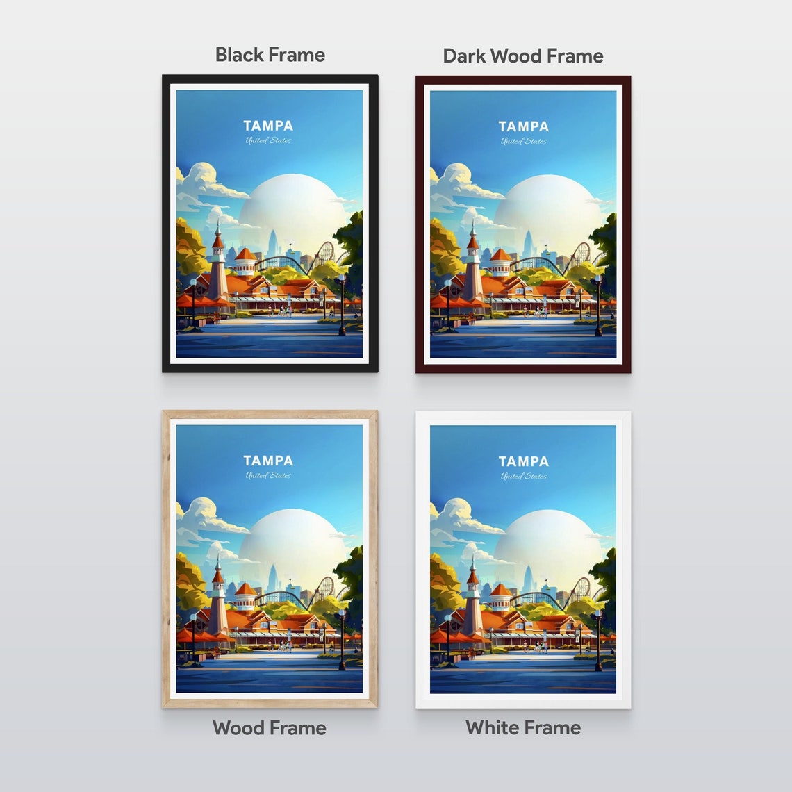 Tampa Florida Theme Park Roller Coaster Plaza Sunset Retro Poster - Image 2