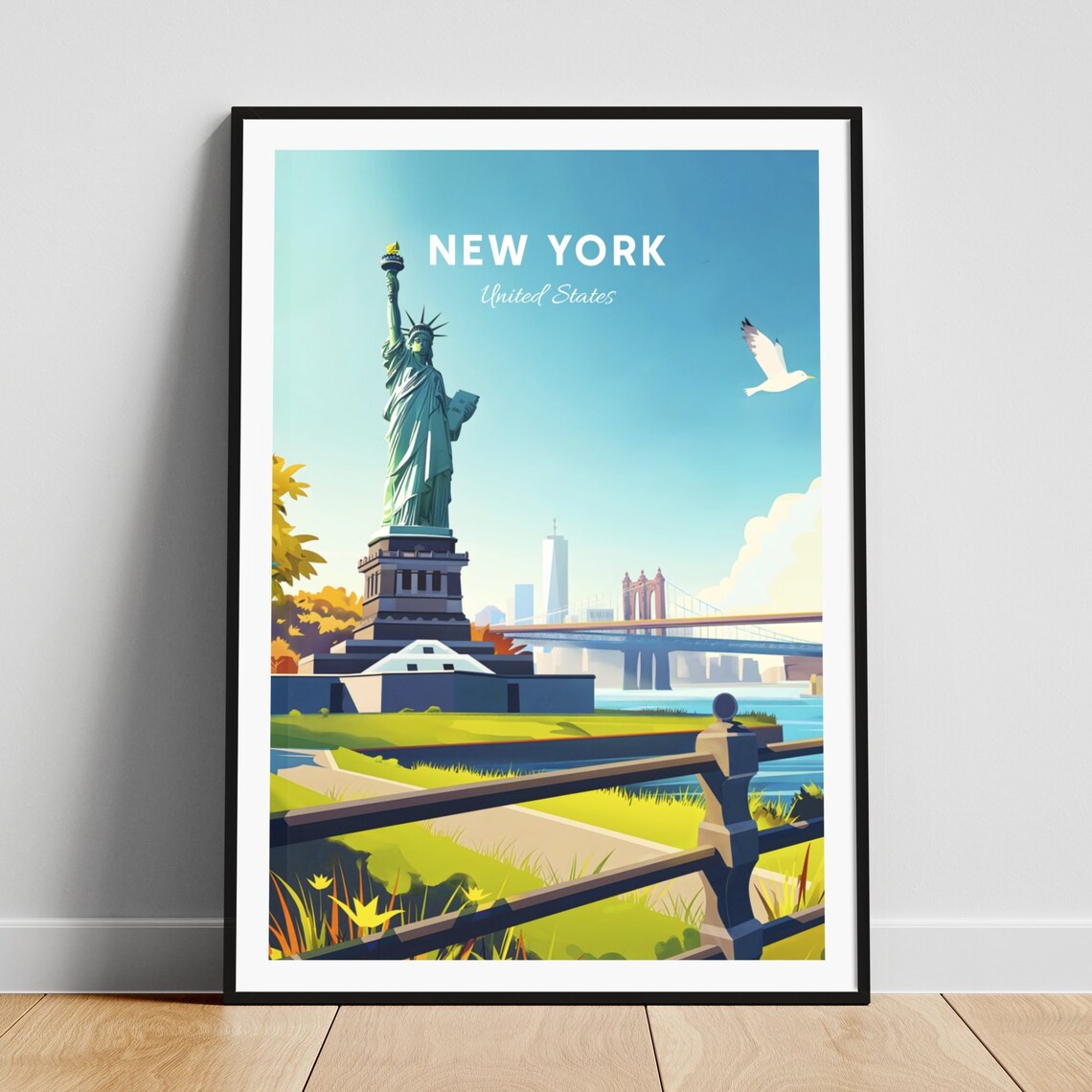 New York City Statue of Liberty Brooklyn Bridge Harbor Art Poster