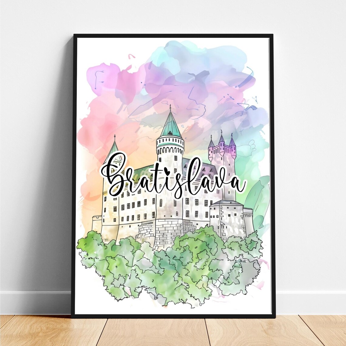 Bratislava Castle Hill Watercolor Script Lettering Travel Poster