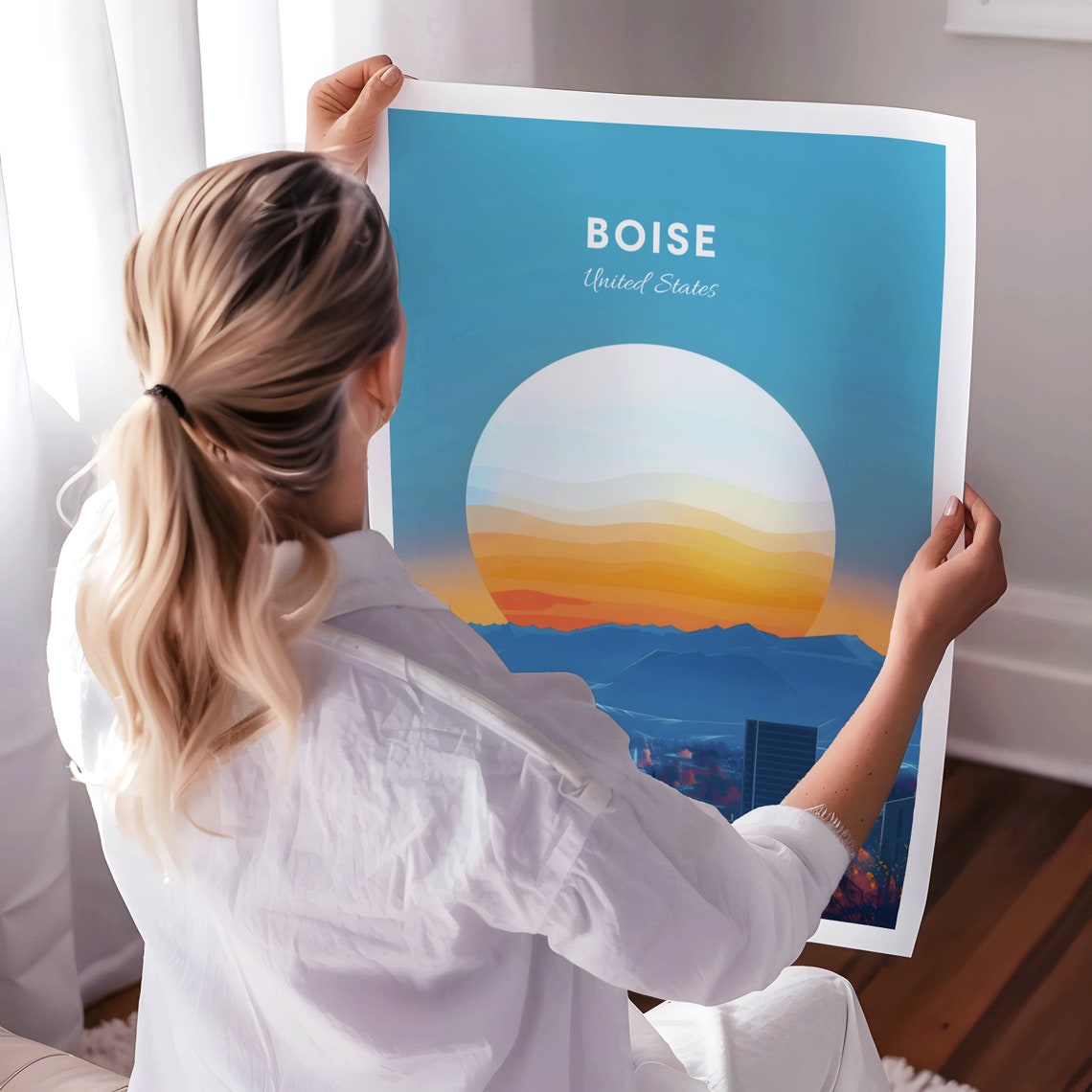 Boise Retro Sun Poster: Giant Sunset Over the Autumn City Skyline - Image 3